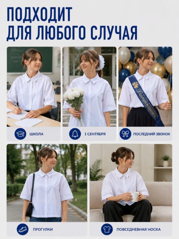 Рубашка школьная oversize для девочки с коротким рукавом