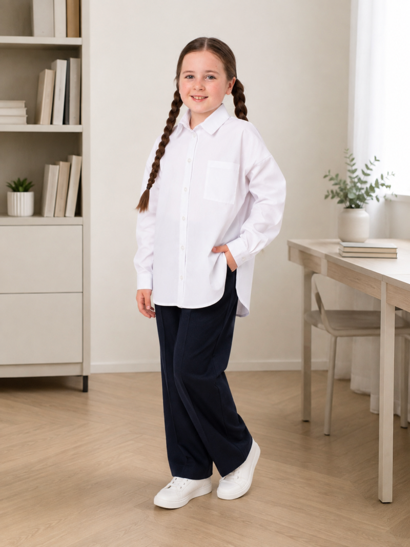 Белая школьная рубашка oversize для девочки Белая школьная рубашка oversize для девочки