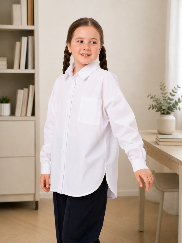 Белая школьная рубашка oversize для девочки